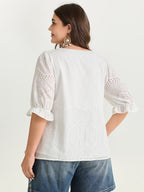 Cotton Cut-Out Lotus Leaf Neckline Blouse