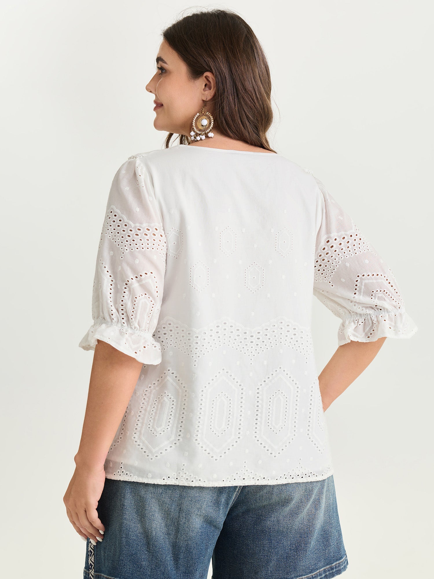 Cotton Cut-Out Lotus Leaf Neckline Blouse