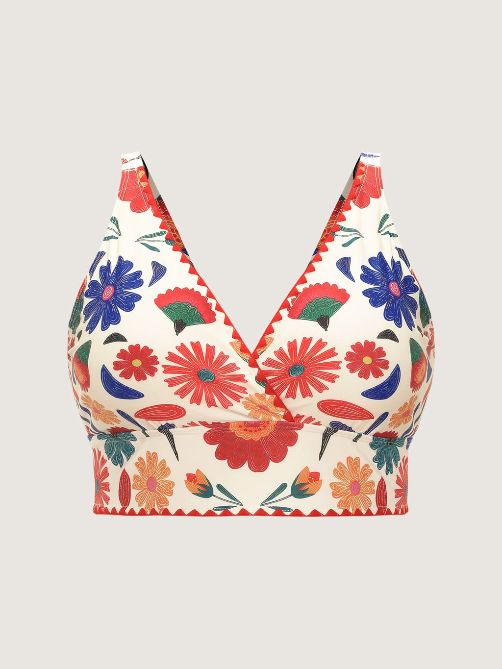 Playful Floral Print Embroidered Trim Bikini Top