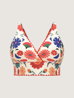 Playful Floral Print Embroidered Trim Bikini Top