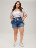 Pull-On Folded Hem High-Rise Denim Shorts