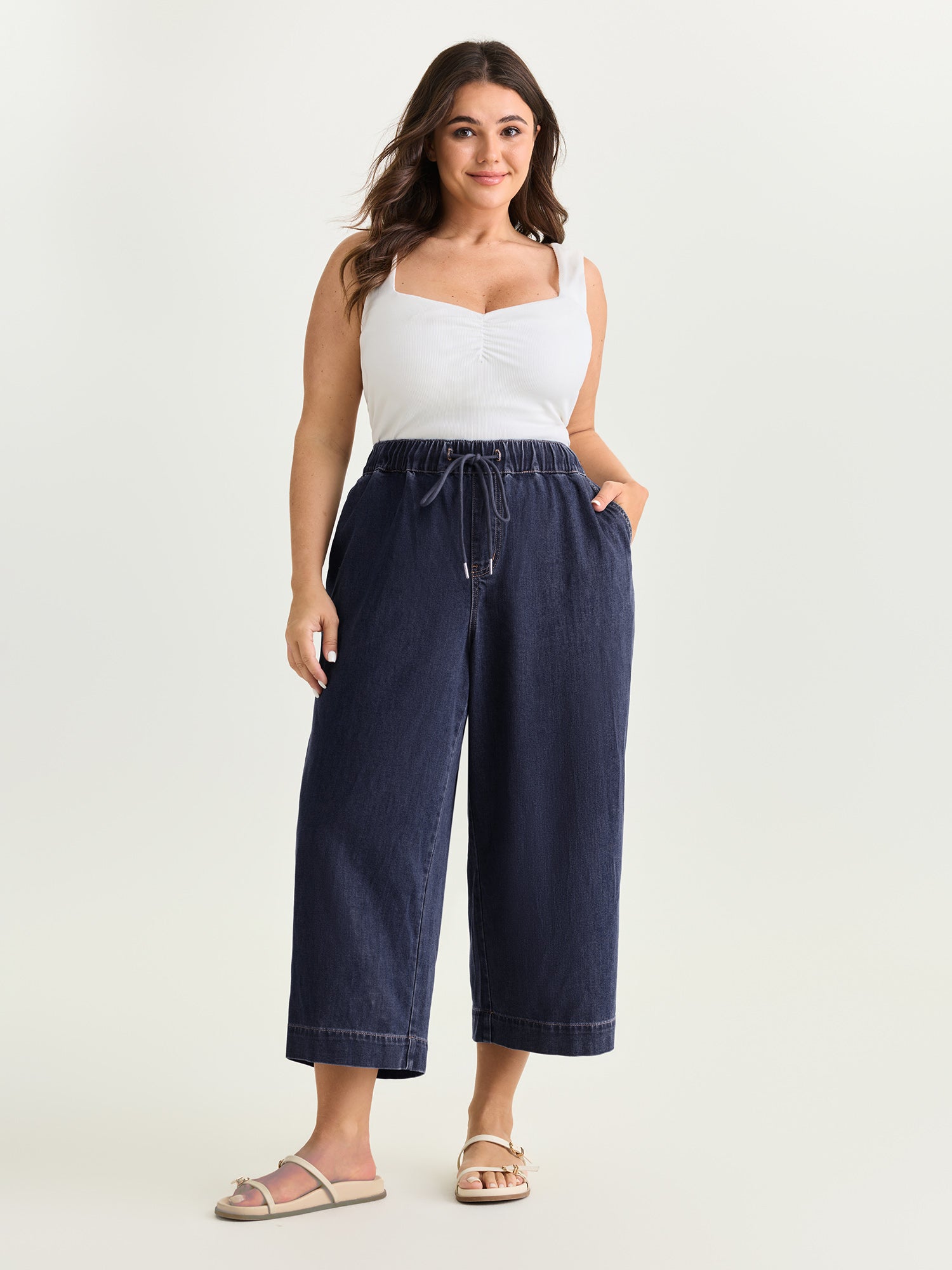 Elastic Drawstring Waistband Wide-Leg Jeans