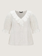 Cotton Cut-Out Lotus Leaf Neckline Blouse