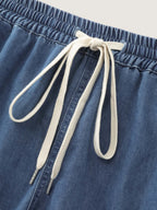 Elastic Waist Drawstring Straight-Fit Denim Shorts