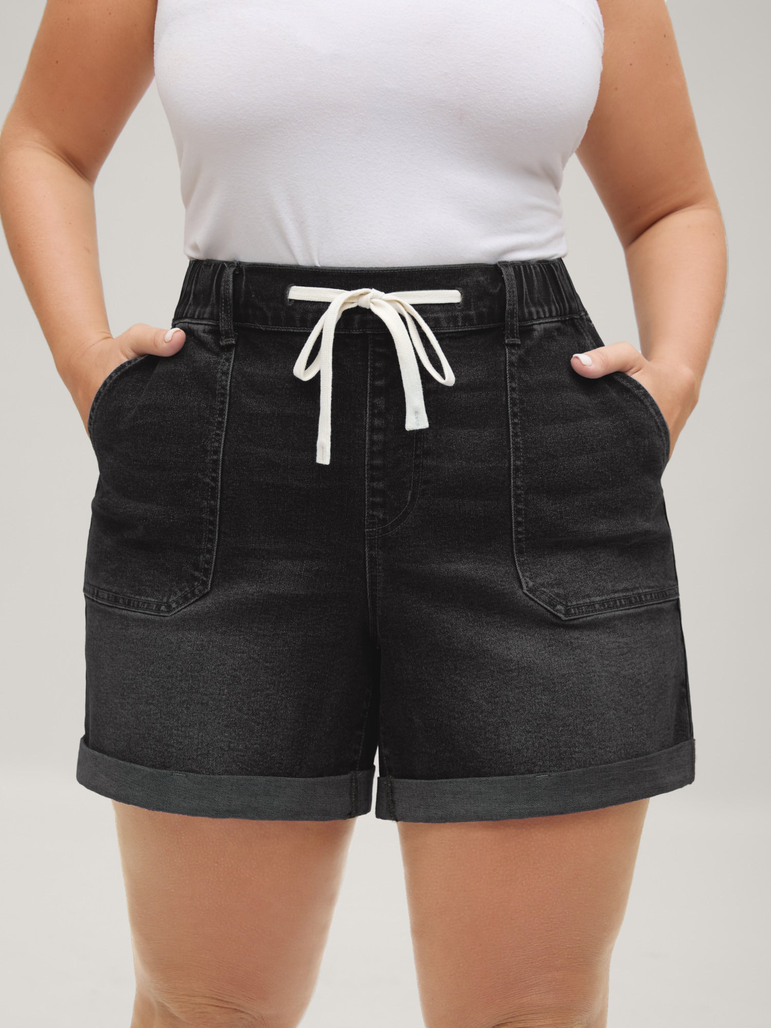 Pull-On Folded Hem High-Rise Denim Shorts