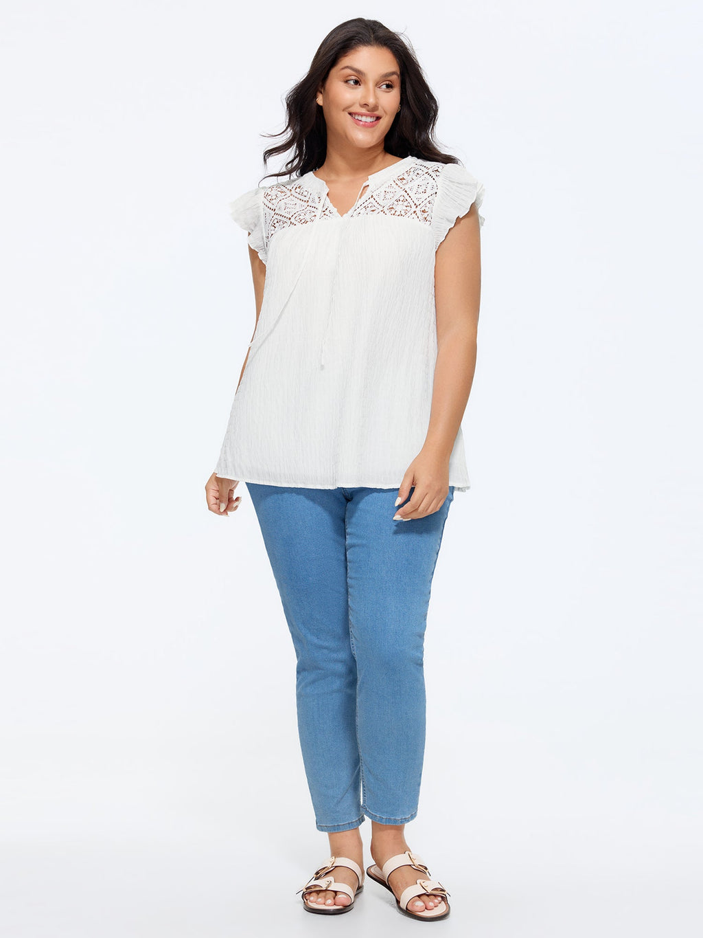 Cotton Textured Neckline Flutter Sleeve Blouse
