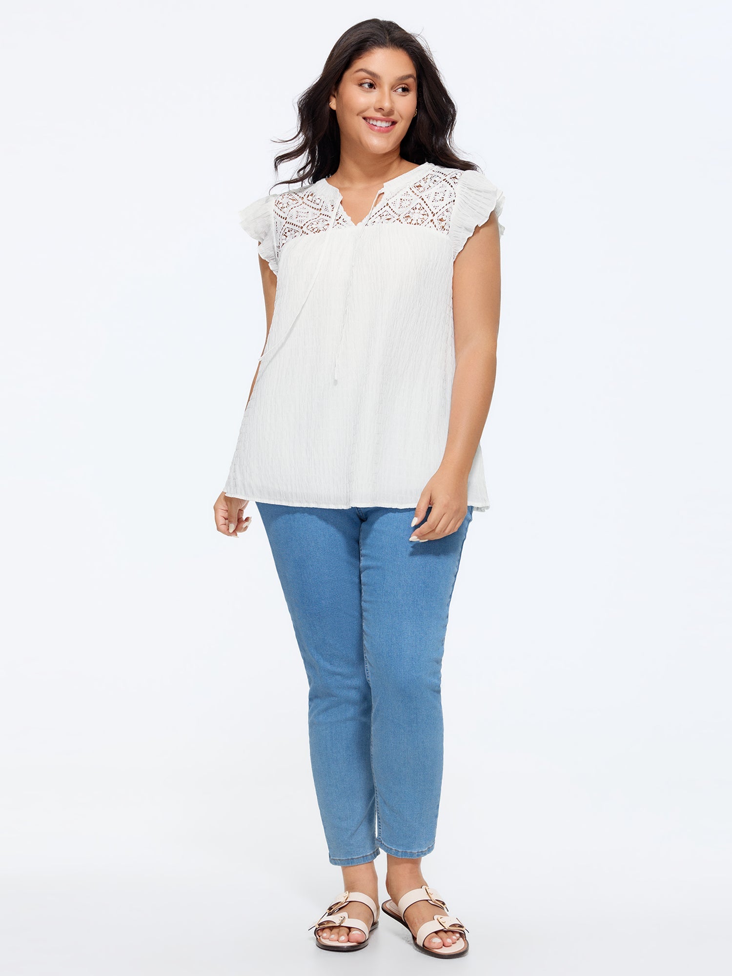 Cotton Textured Neckline Flutter Sleeve Blouse