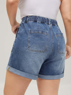 Pull-On Folded Hem High-Rise Denim Shorts
