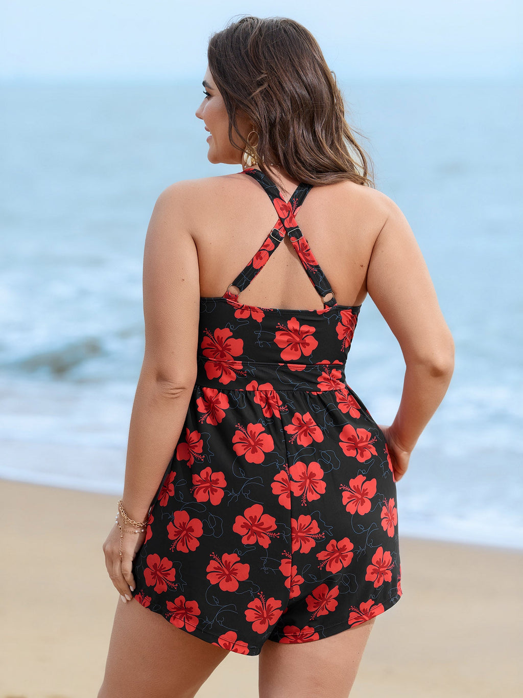Bright Floral Print Shirred Pockets One Piece Swimsuit