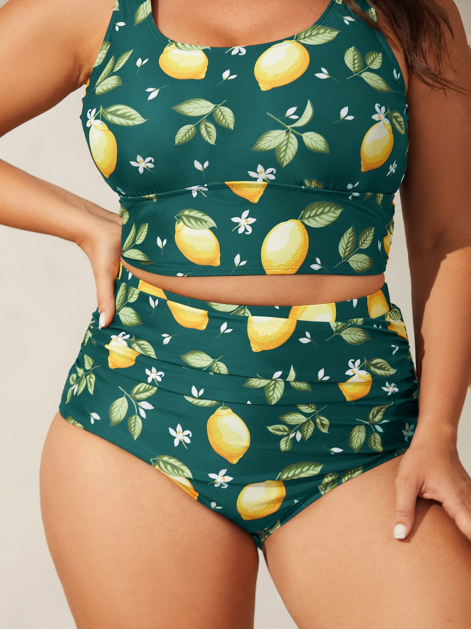 Lemon Print Pleated Tummy-Control Bikini Bottoms