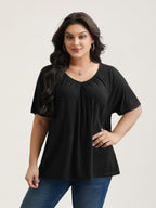 Pleated Plain Half-Sleeve Knit Top