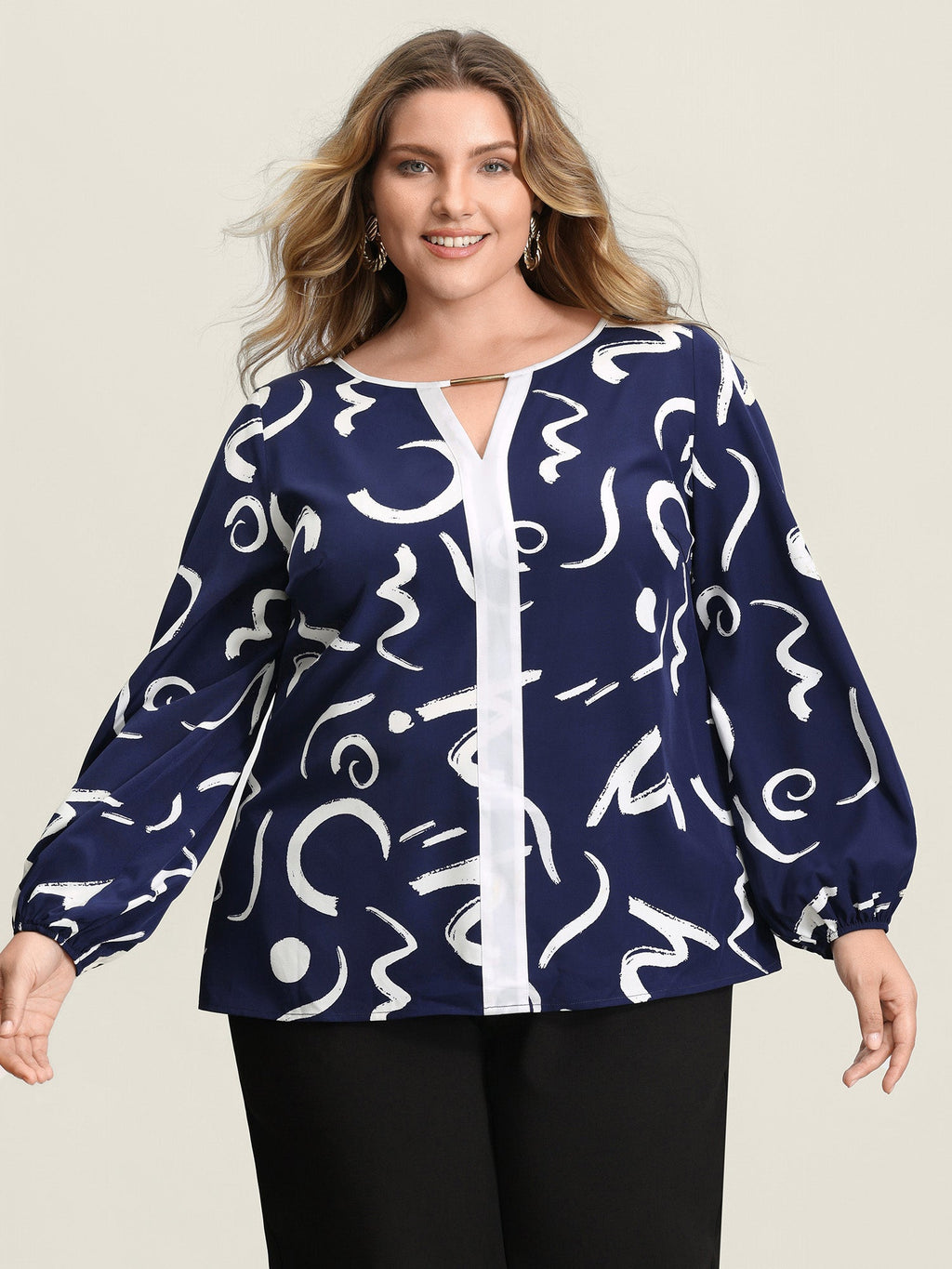 Scribble Print Color Contrast Cut-Out Blouse