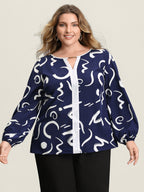 Scribble Print Color Contrast Cut-Out Blouse