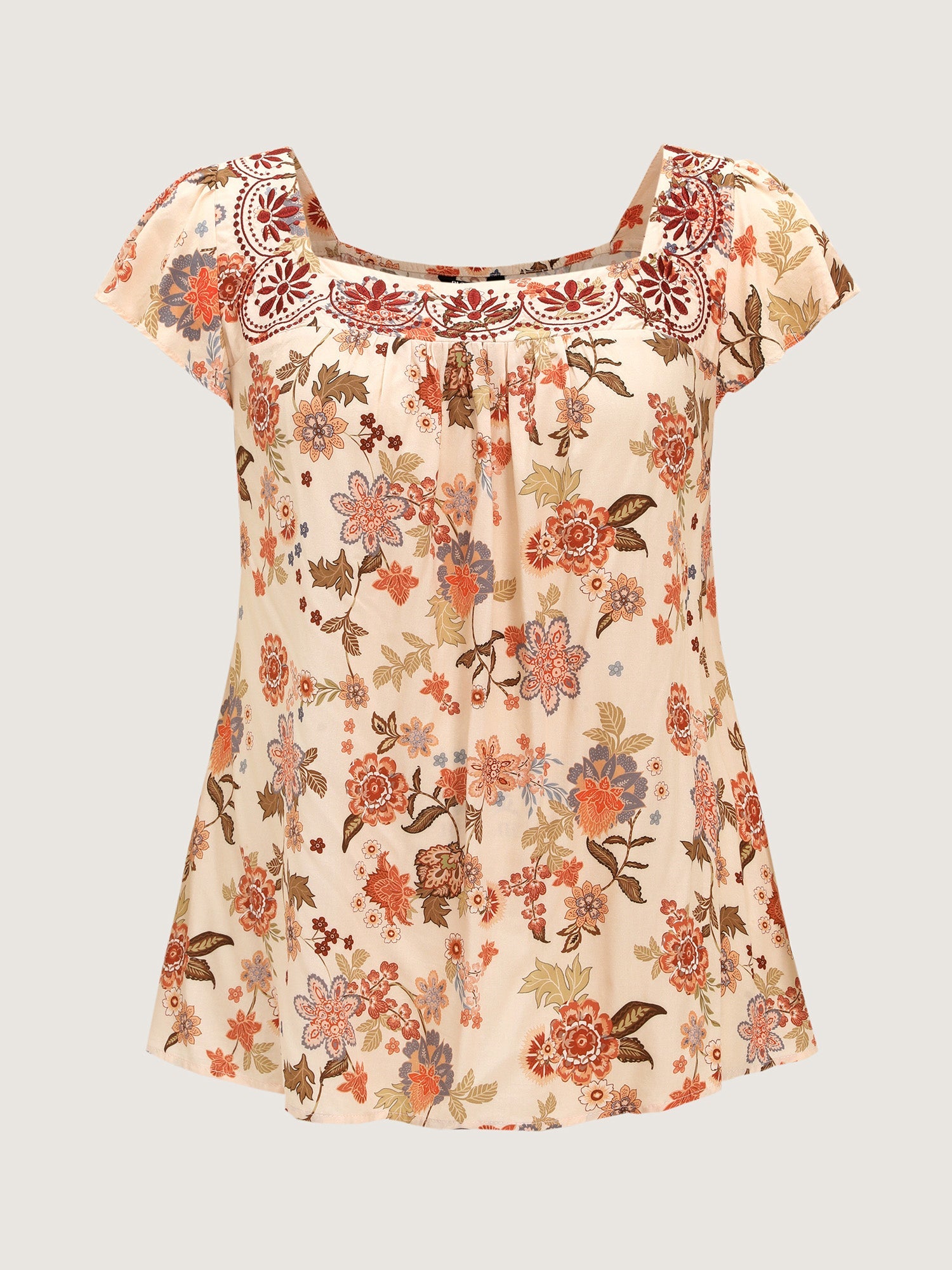 Floral Embroidered Square Neckline Flowy Blouse