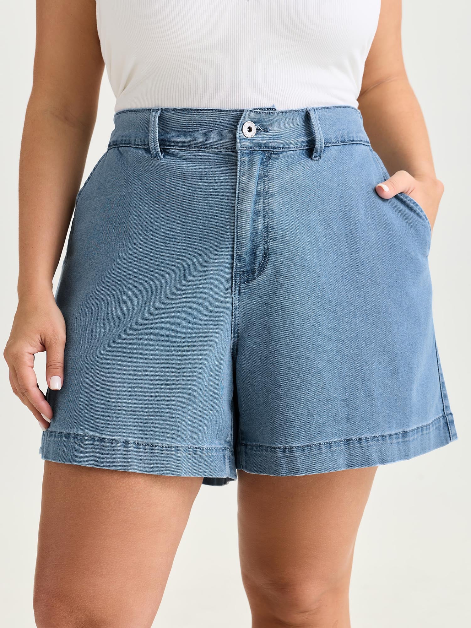 Light Washed Pockets Wide Leg Denim Shorts