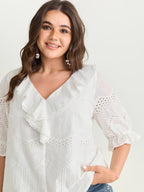 Cotton Cut-Out Lotus Leaf Neckline Blouse