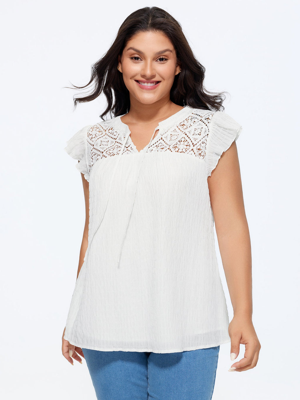 Cotton Textured Neckline Flutter Sleeve Blouse