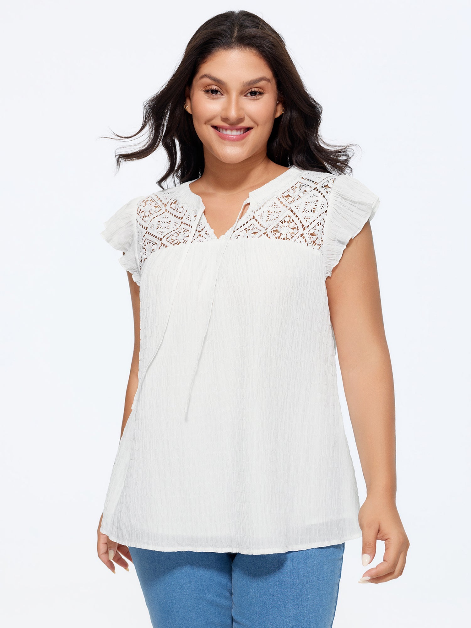 Cotton Textured Neckline Flutter Sleeve Blouse