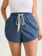 Elastic Waist Drawstring Straight-Fit Denim Shorts
