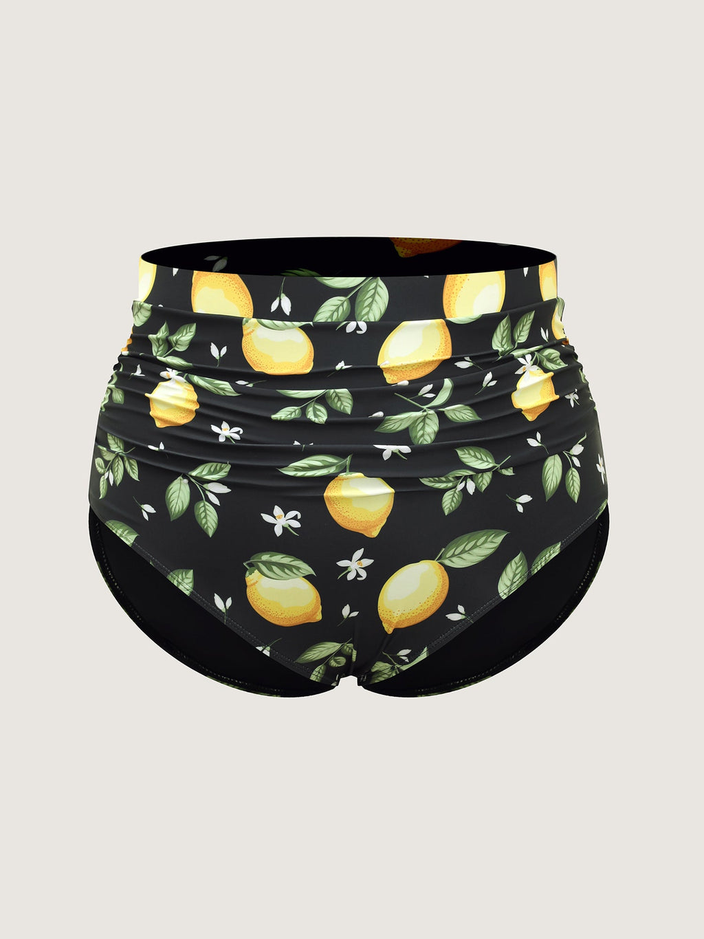 Lemon Print Pleated Tummy-Control Bikini Bottoms