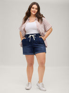 Pull-On Folded Hem High-Rise Denim Shorts
