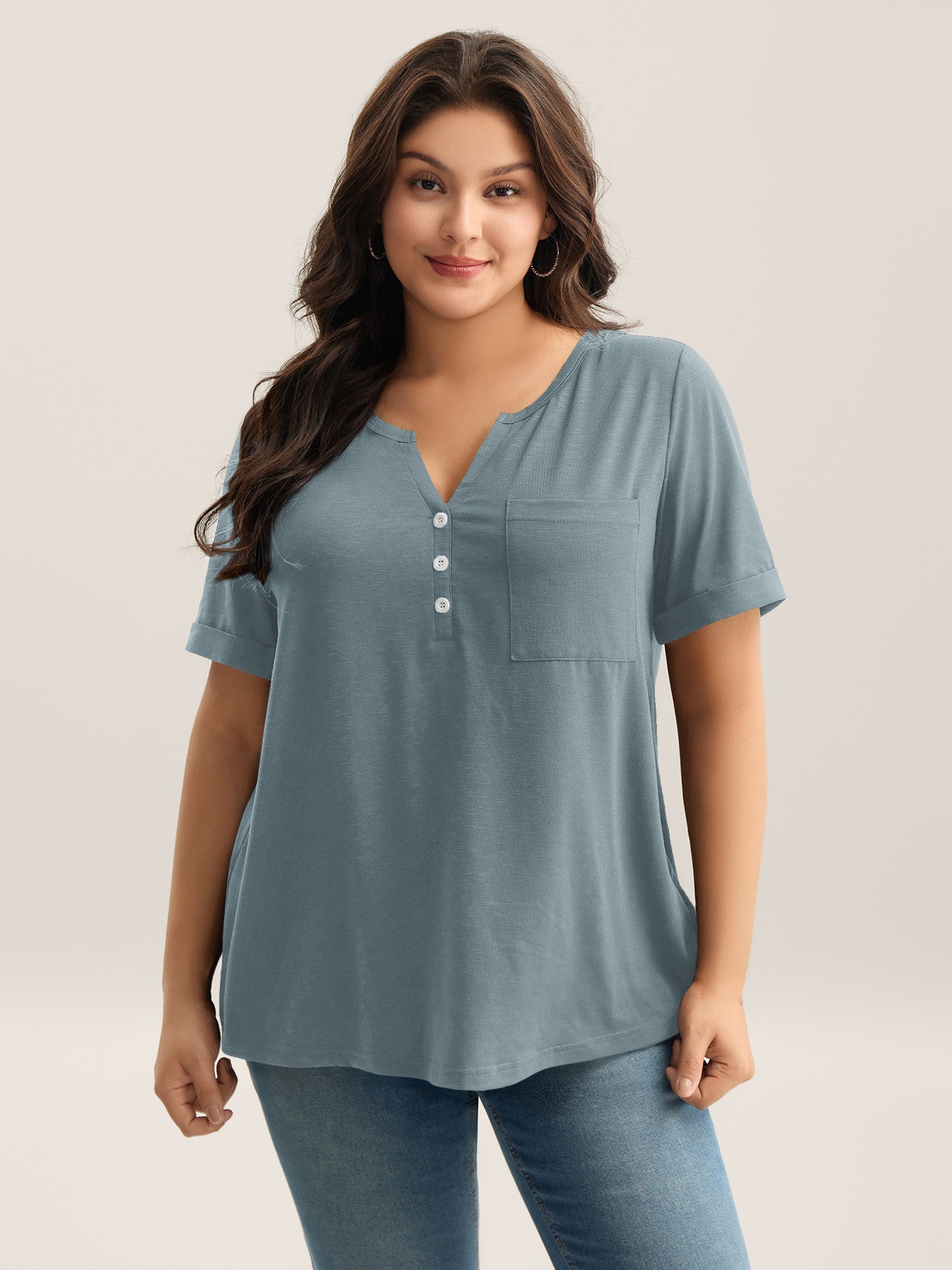 Solid Split Neck Button Detail T-Shirt