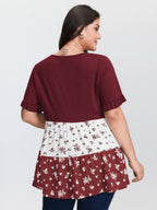 Color Contrast Floral Print Tiered Top