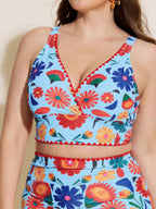 Playful Floral Print Embroidered Trim Bikini Top