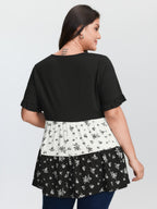 Color Contrast Floral Print Tiered Top