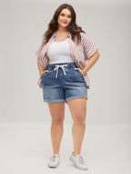Pull-On Folded Hem High-Rise Denim Shorts