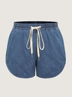Elastic Waist Drawstring Straight-Fit Denim Shorts