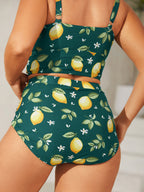 Lemon Print Pleated Tummy-Control Bikini Bottoms