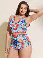 Playful Floral Print Embroidered Trim Bikini Top