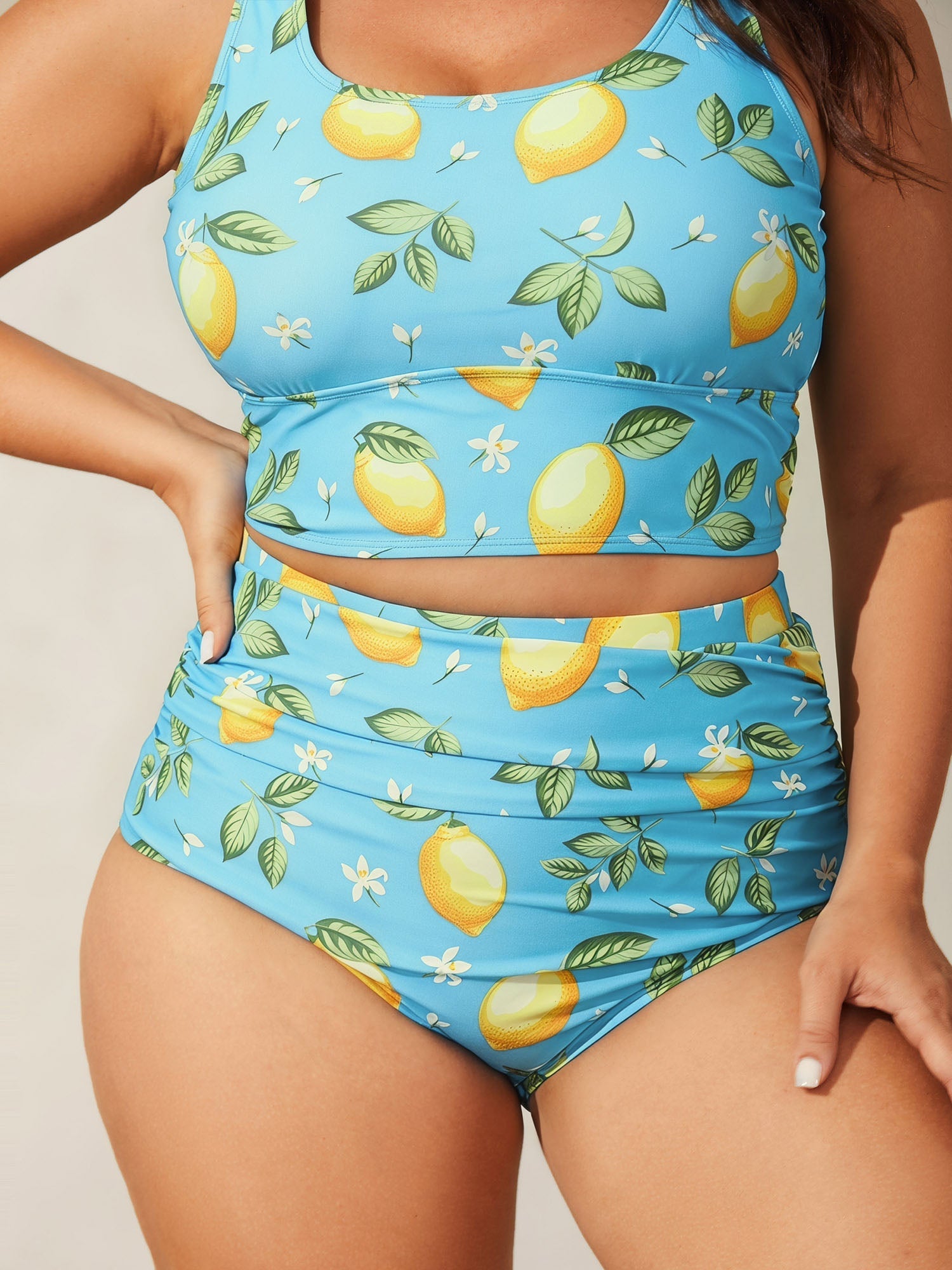 Lemon Print Pleated Tummy-Control Bikini Bottoms