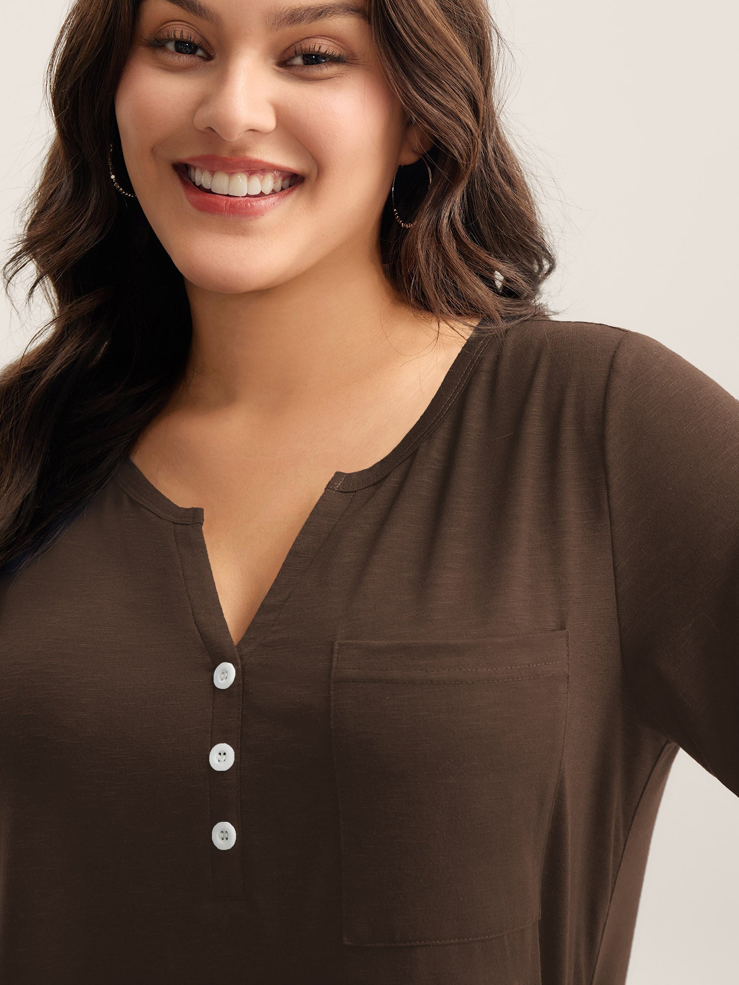 Solid Split Neck Button Detail T-Shirt