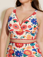 Playful Floral Print Embroidered Trim Bikini Top