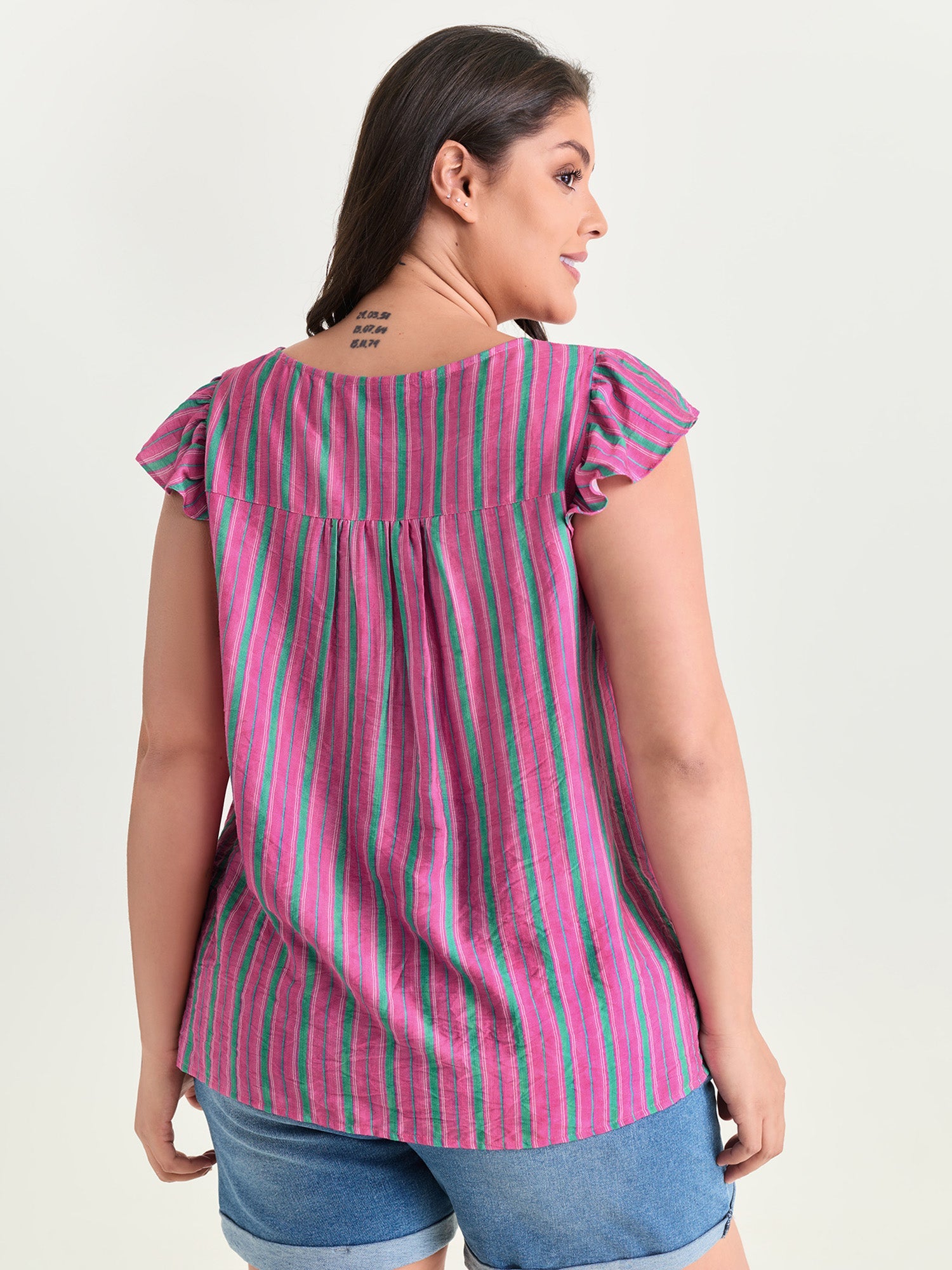 Colorful Striped Print Flutter Sleeve Blouse