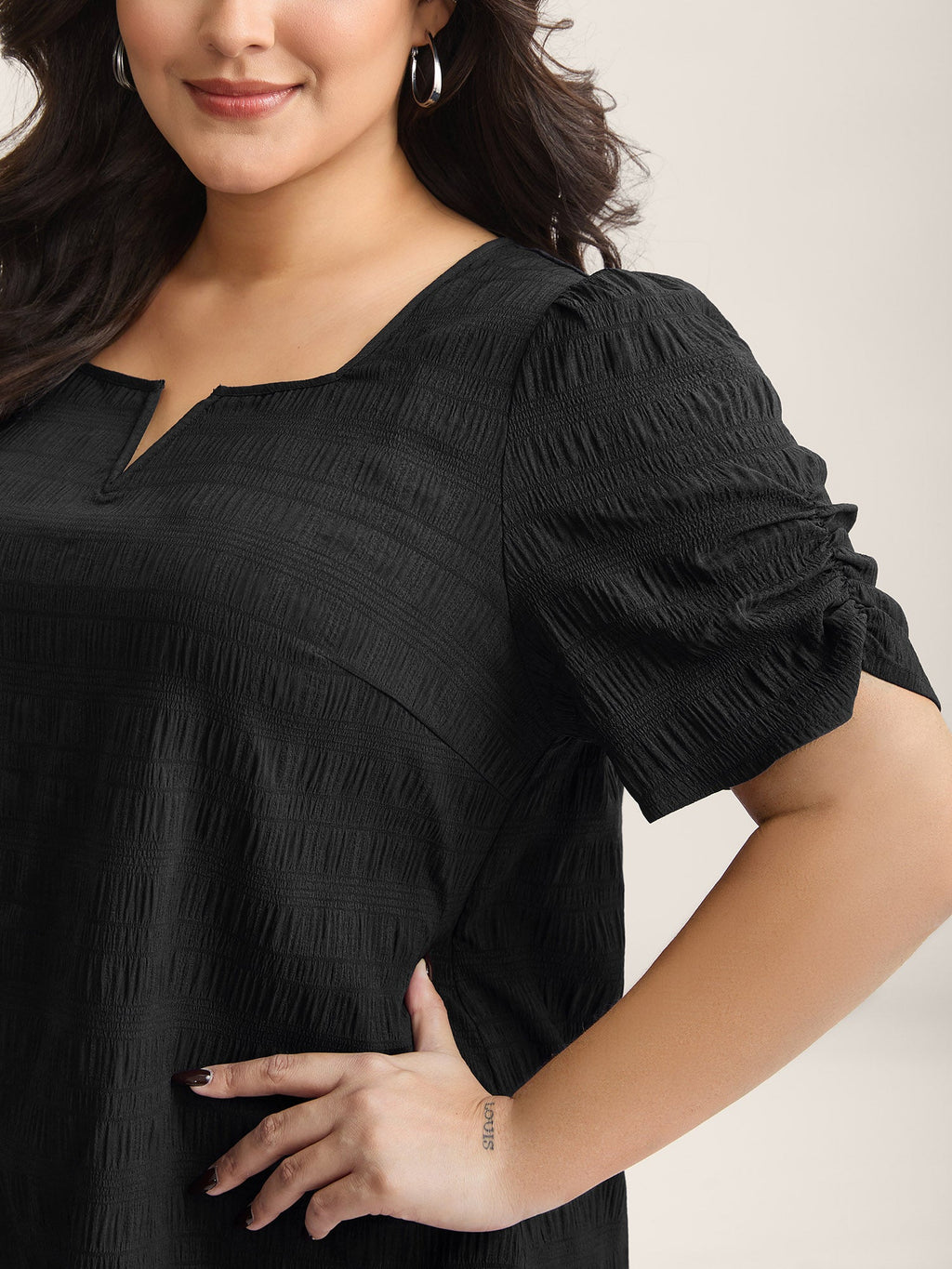 Textured Gathered Sleeve Split Neck Blouse