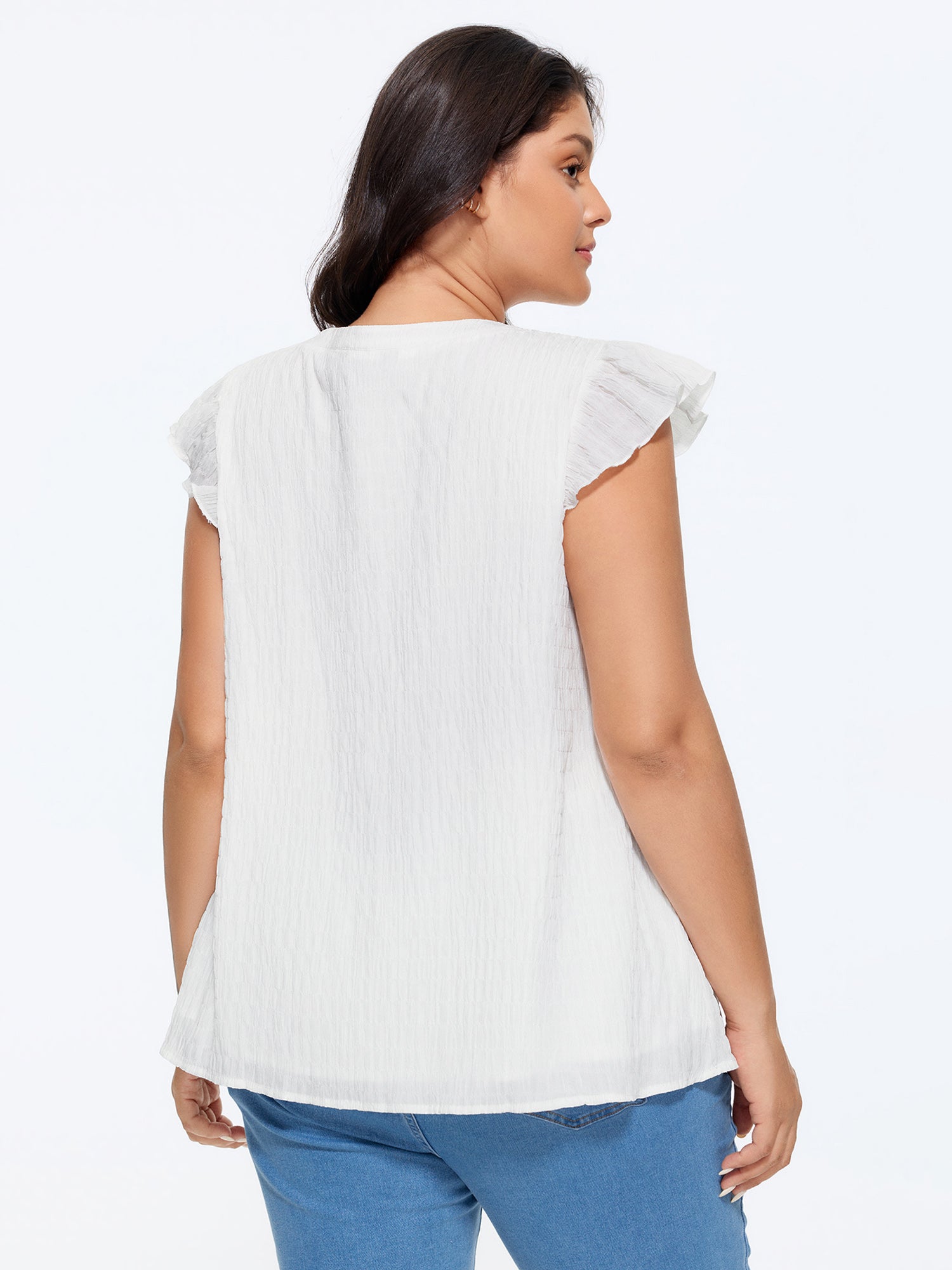 Cotton Textured Neckline Flutter Sleeve Blouse