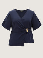 Draped Side Buckle Petal Sleeve Blouse