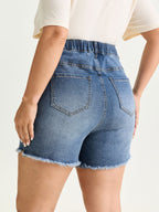 Stretchy Waist Raw Hem Straight-Leg Denim Shorts