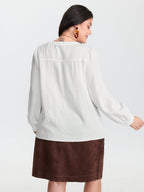 Cotton Textured Embroidered Notched Collar Blouse
