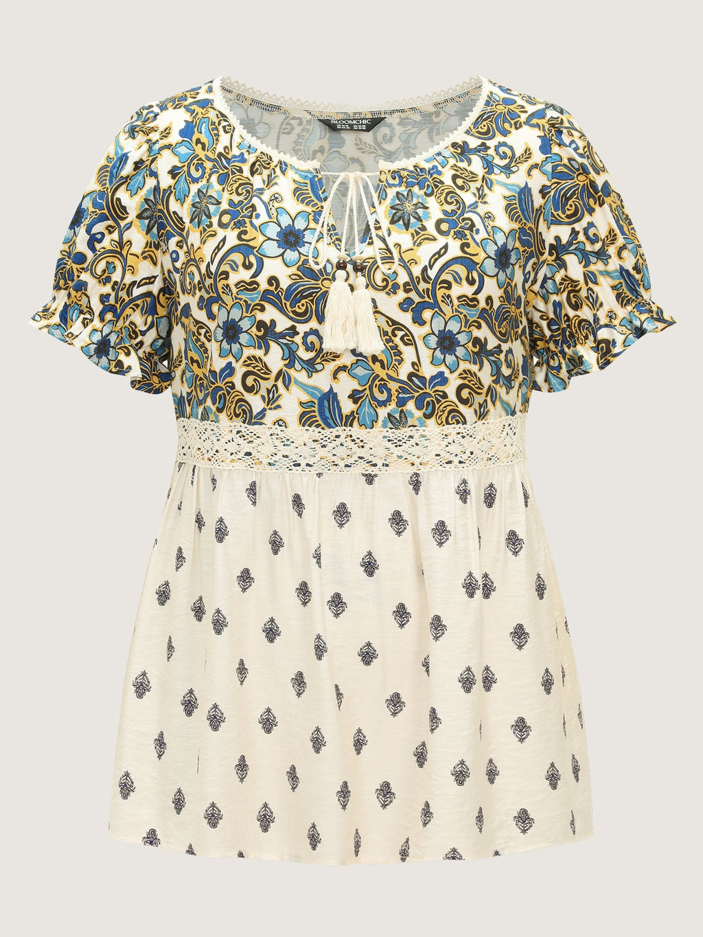 Floral Print Lace Neckline Flowy Blouse