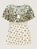 Floral Print Lace Neckline Flowy Blouse