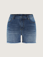 Stretchy Waist Raw Hem Straight-Leg Denim Shorts