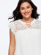 Cotton Textured Neckline Flutter Sleeve Blouse