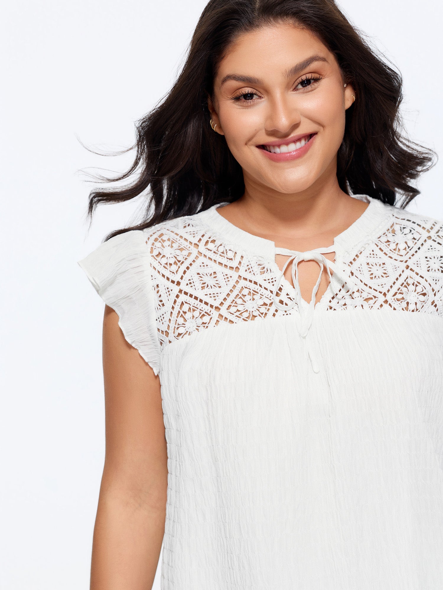 Cotton Textured Neckline Flutter Sleeve Blouse