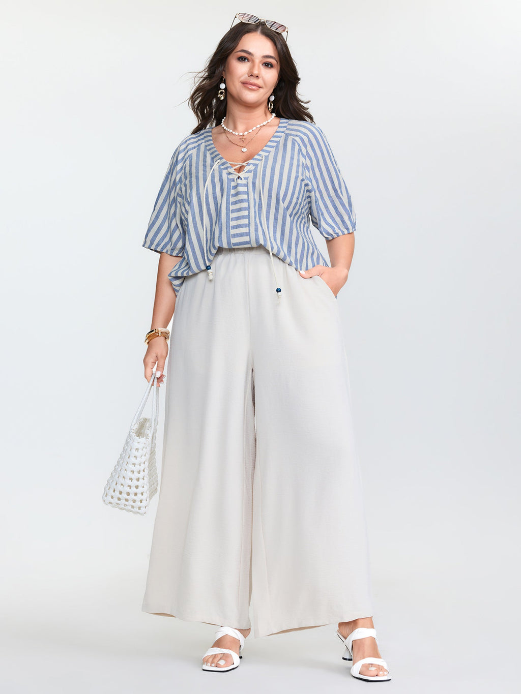 Sun-Washed Cotton Striped Print Neck Tie Blouse
