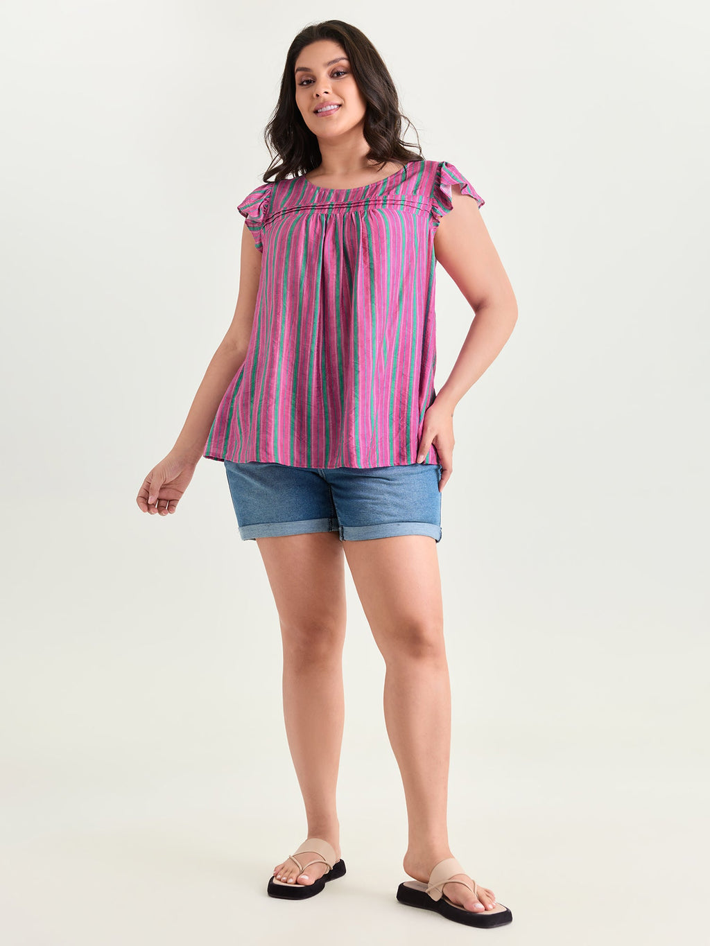 Colorful Striped Print Flutter Sleeve Blouse