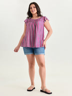 Colorful Striped Print Flutter Sleeve Blouse